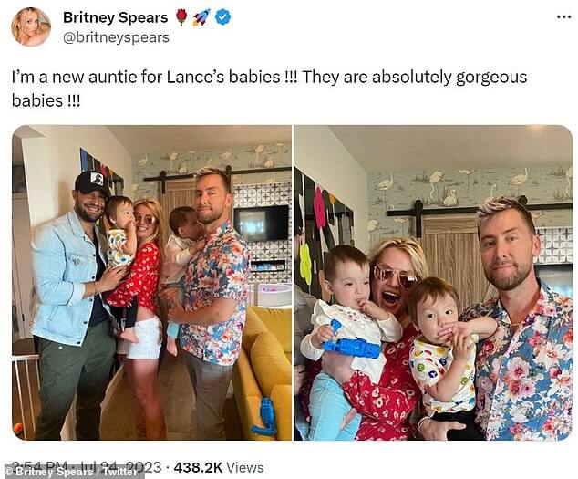 Спирс была изображена с коллегой Тимберлейка по группе * NSYNC Лэнсом Бассом и его близнецами Вайолет и Александром на серии фотографий, которые она разместила в социальных сетях в понедельник.
