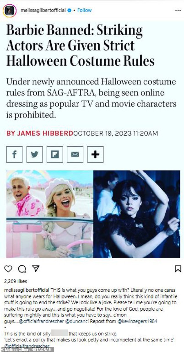 Ответный удар: Мелисса Гилберт, которая занимала пост президента SAG-AFTRA с 2001 по 2005 год, также выразила недоумение по поводу правил Хэллоуина, назвав все это «детскими вещами».