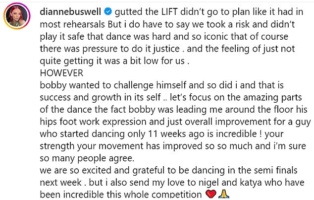 После выступления Дайанна написала в Instagram: «Выпотрошенный LIFT не пошел по плану, как это было на большинстве репетиций, но я должна сказать, что мы пошли на риск и не перестраховались, потому что танец был тяжелым и настолько знаковым, что конечно, было давление, чтобы отдать должное, и ощущение, что мы не совсем поняли это, было для нас немного слабым».