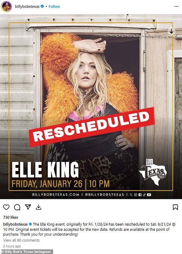 Теперь было объявлено, что ее выступление в пятницу, 26 января, в Billy Bob's Texas было перенесено на восемь месяцев, на 21 сентября.