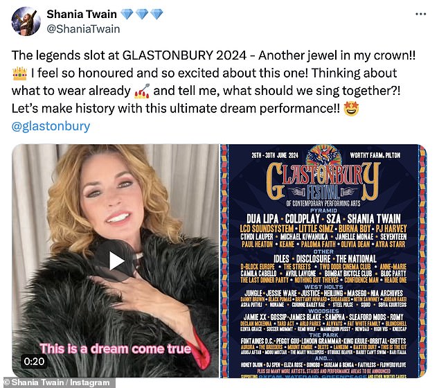 Отправляя сообщение X, Шанайа написала: «Слот Legends на ГЛАСТОНБЕРИ 2024 — еще одна жемчужина в моей короне!»  Я чувствую себя такой честью и таким взволнованным по этому поводу!»
