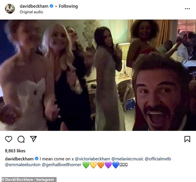 Позже ночью, во время пышного праздника, все пятеро Spice Girls собрались вместе, чтобы спеть один из своих хитов Stop для звездных гостей - и снова пара рассталась.