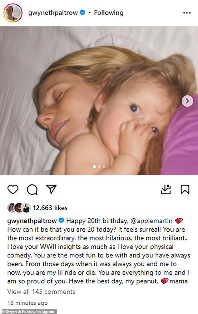 «С 20-летием, @applemartin», — начала актриса Эмма.  «Как такое возможно, что тебе сегодня 20?  Это кажется сюрреалистичным!  Ты самый необыкновенный, самый веселый, самый блестящий... Мне нравятся твои идеи о Второй мировой войне так же, как и твоя физическая комедия».