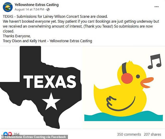 Yellowstone Extras Casting объявила в своем сообщении на Facebook, что прием заявок закрыт после того, как шоу вызвало «огромный интерес»