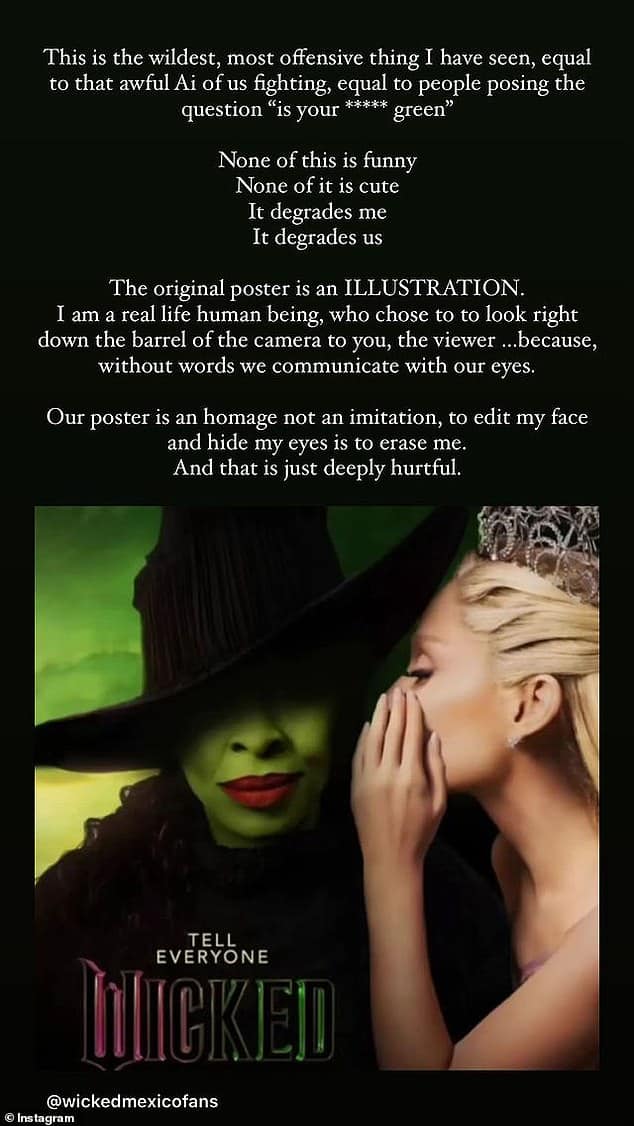 Синтия Эриво раскритиковала отредактированный постер Wicked, на котором изображена она и ее коллега по фильму Ариана Гранде, назвав его «самым диким и оскорбительным».