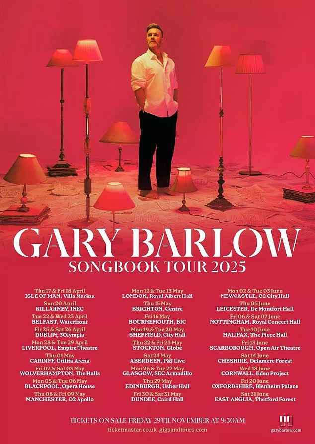 В рамках тура Songbook Tour 53-летняя звезда Take That отправится в путь, чтобы отыграть гигантский 41-й концерт по Великобритании и Ирландии, который начнется 17 апреля на вилле Marina на острове Мэн.