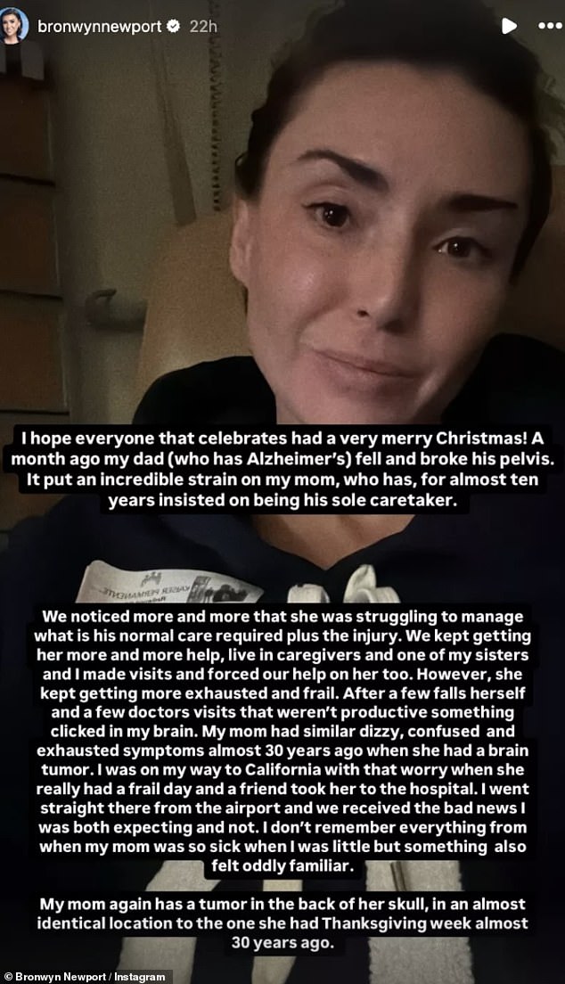 Делясь новостями через Instagram в четверг, 39-летняя модница объяснила, что ее мать перенесла экстренную операцию всего за несколько дней до праздников после того, как врачи обнаружили опухоль головного мозга в задней части черепа.