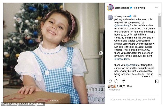 Ариана поделилась фотографией себя в роли Дороти из Wizard of Oz, поскольку она поблагодарила Академию за ее выдвижение за лучшую актрису второго плана 23 января