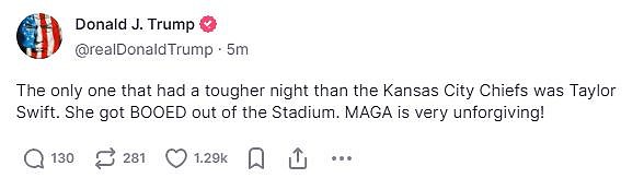 'Единственный, у кого была более тяжелая ночь, чем у Kansas City Chiefs, - это Тейлор Свифт. Ее выгнали со стадиона. MAGA очень неумолима! написал Трамп в социальной сети Truth.
