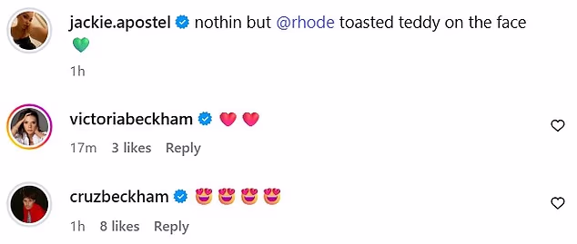Jackie showcased her natural beauty as she revealed she was only wearing Hailey Bieber's Rhode blush and it seems she got the approval of Victoria Beckham who penned heart emojis